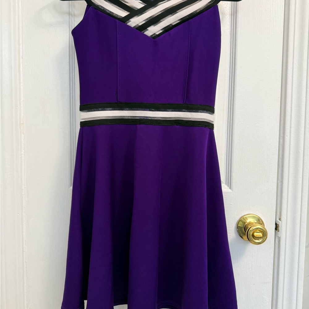 Purple Dress with Black and White Stripes